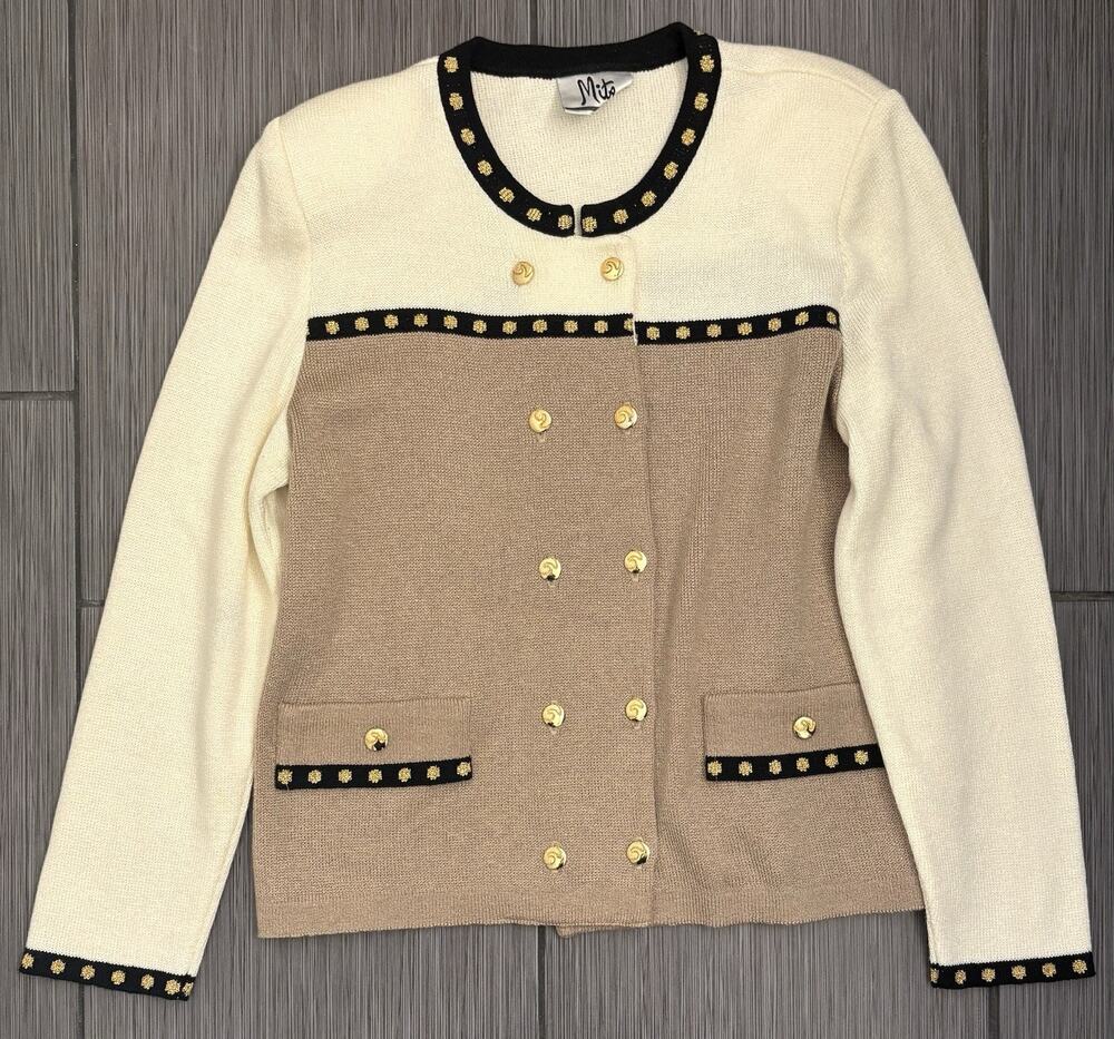 Vintage Mita Taupe And Ivory Knit Cardigan Sweater Jacket Gold Buttons Petite 10